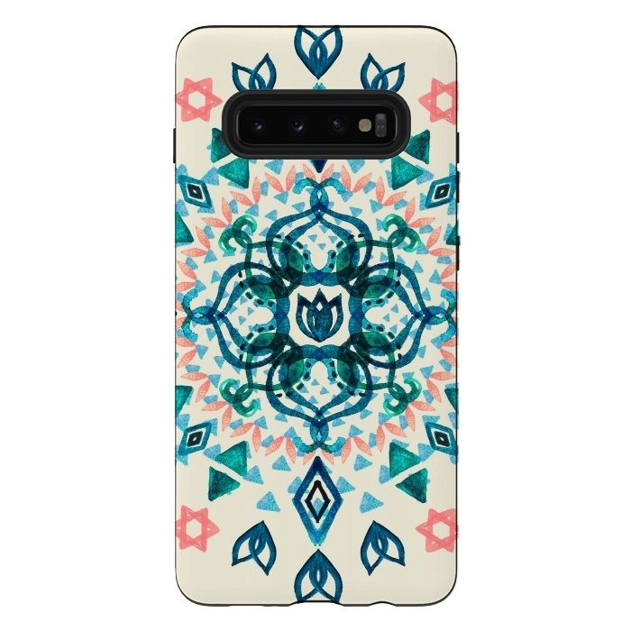 Galaxy S10 plus StrongFit Watercolor Lotus Mandala in Teal & Salmon Pink by Micklyn Le Feuvre