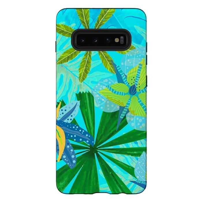 Galaxy S10 plus StrongFit Watercolor Abstract Teal and Blue Aloha tropical Jungle by  Utart