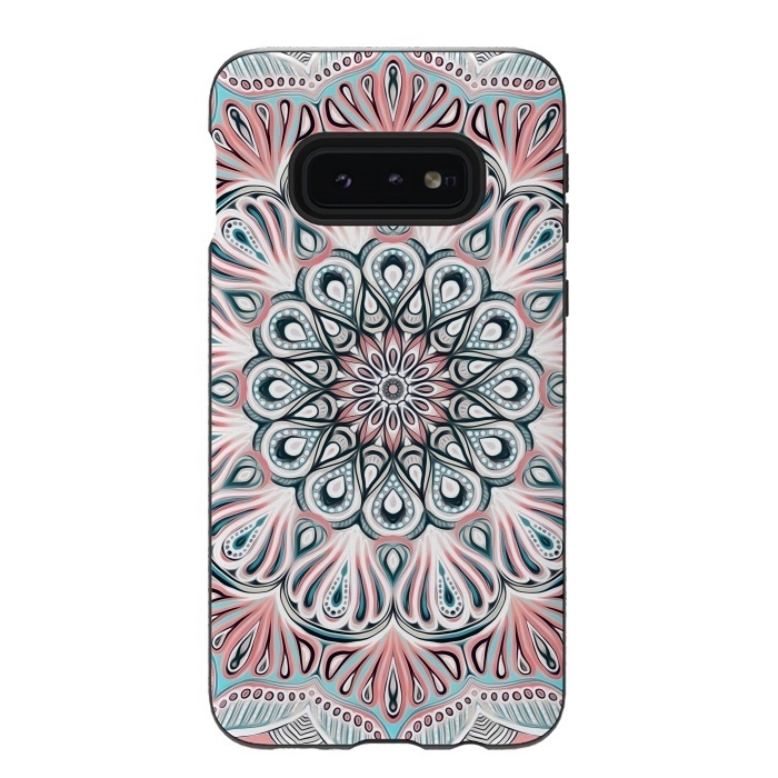 Galaxy S10e StrongFit Expansion - boho mandala in soft salmon pink & blue by Micklyn Le Feuvre