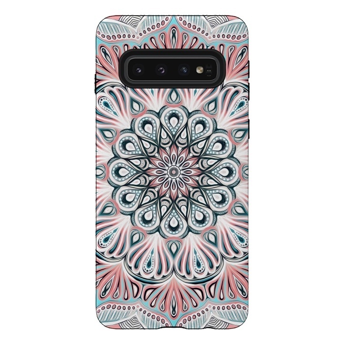 Galaxy S10 StrongFit Expansion - boho mandala in soft salmon pink & blue by Micklyn Le Feuvre