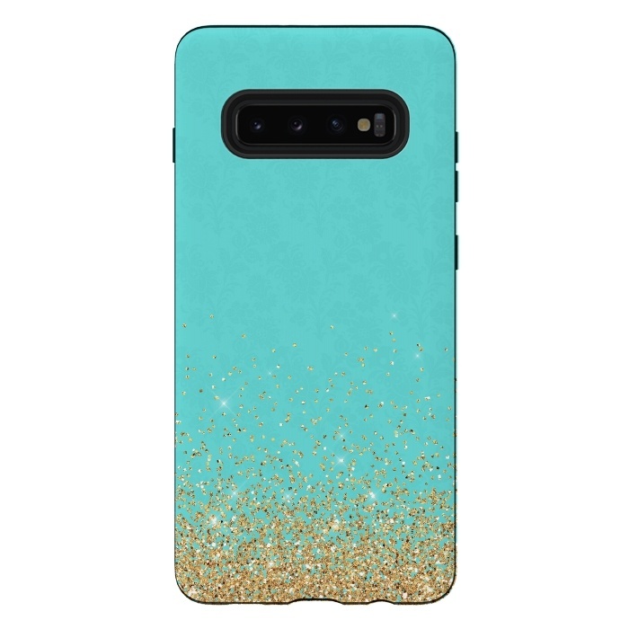 Galaxy S10 plus StrongFit Gold Glitter on Teal Damask by  Utart