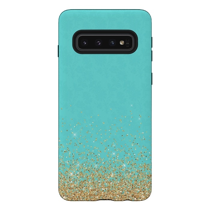 Galaxy S10 StrongFit Gold Glitter on Teal Damask by  Utart