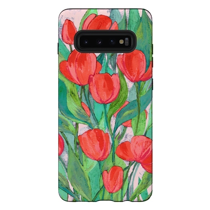 Galaxy S10 plus StrongFit Blooming Red Tulips in Gouache  by Micklyn Le Feuvre