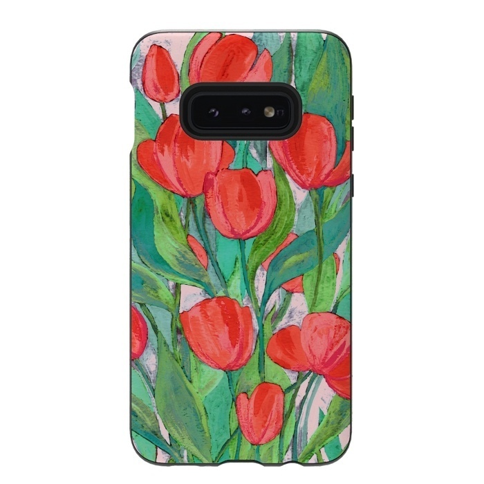 Galaxy S10e StrongFit Blooming Red Tulips in Gouache  by Micklyn Le Feuvre
