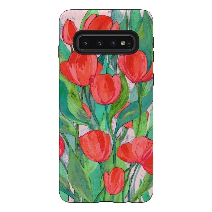 Galaxy S10 StrongFit Blooming Red Tulips in Gouache  by Micklyn Le Feuvre