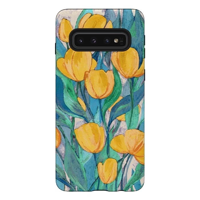 Galaxy S10 StrongFit Blooming Golden Tulips in Gouache  by Micklyn Le Feuvre