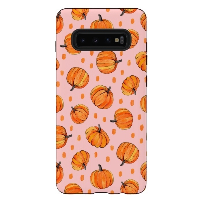 Galaxy S10 plus StrongFit Little Gouache Pumpkins with Dots on Pink by Micklyn Le Feuvre