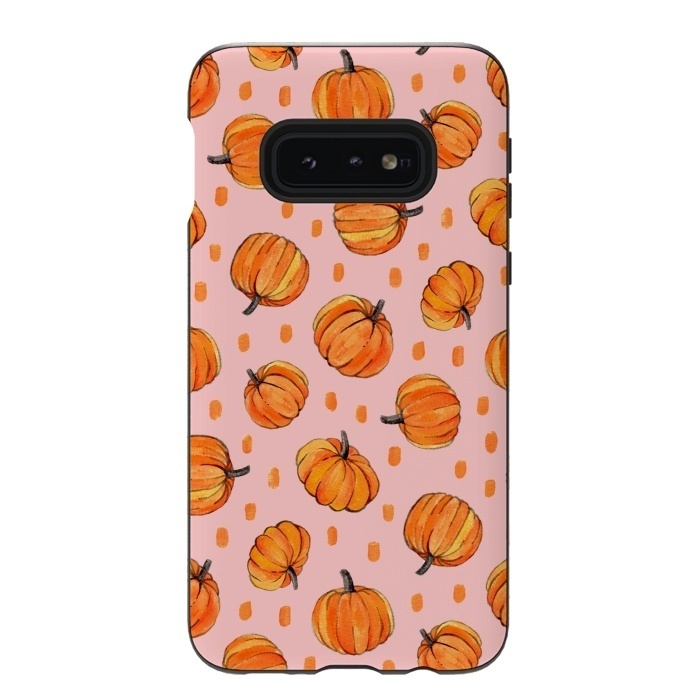 Galaxy S10e StrongFit Little Gouache Pumpkins with Dots on Pink by Micklyn Le Feuvre