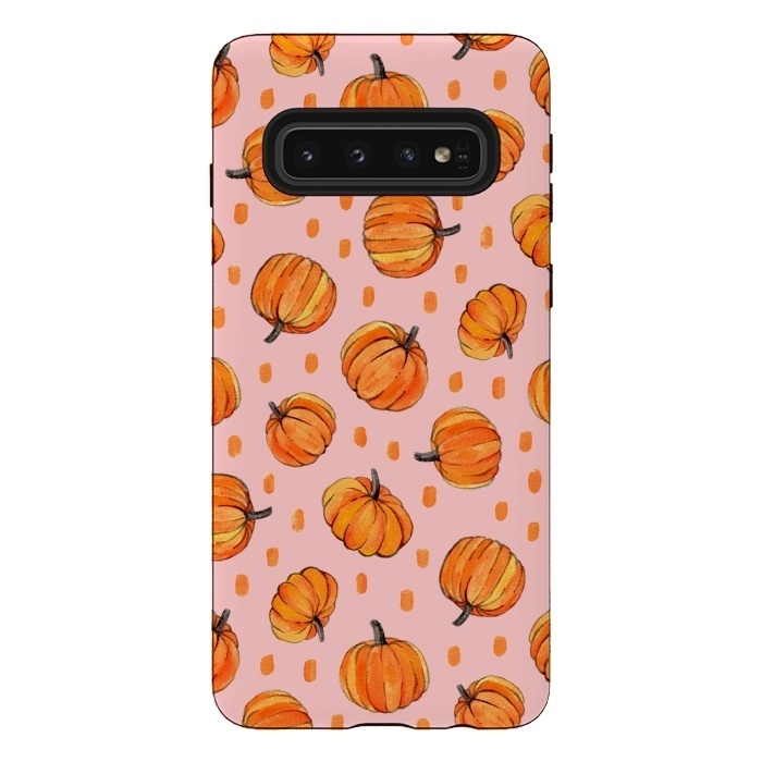 Galaxy S10 StrongFit Little Gouache Pumpkins with Dots on Pink by Micklyn Le Feuvre