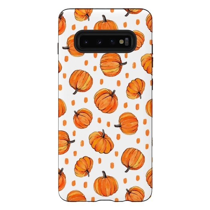 Galaxy S10 plus StrongFit Little Gouache Pumpkins with Dots on White by Micklyn Le Feuvre