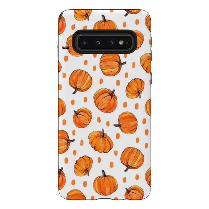 Galaxy S10 StrongFit Little Gouache Pumpkins with Dots on White by Micklyn Le Feuvre
