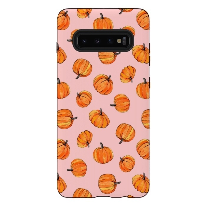 Galaxy S10 plus StrongFit Tiny Pumpkin Polka Dots on Pink by Micklyn Le Feuvre