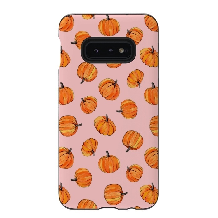 Galaxy S10e StrongFit Tiny Pumpkin Polka Dots on Pink by Micklyn Le Feuvre