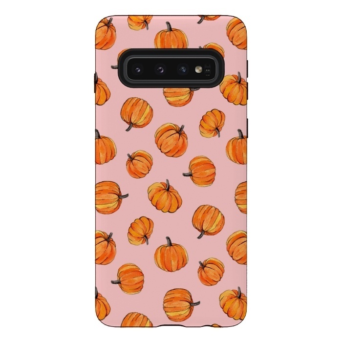 Galaxy S10 StrongFit Tiny Pumpkin Polka Dots on Pink by Micklyn Le Feuvre
