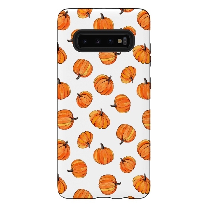 Galaxy S10 plus StrongFit Tiny Pumpkin Polka Dots on White by Micklyn Le Feuvre