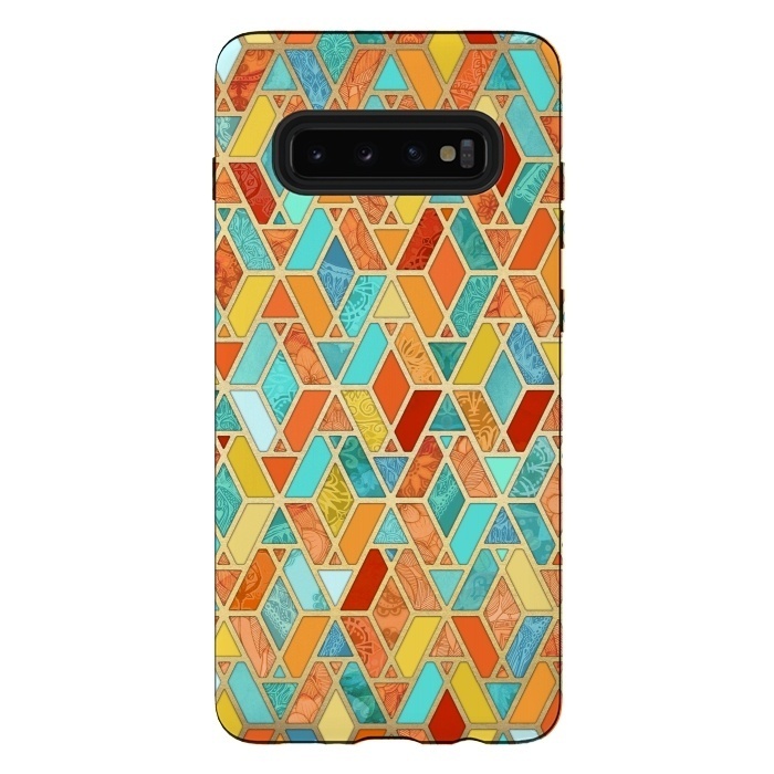Galaxy S10 plus StrongFit Tangerine and Turquoise Geometric Fall Pattern by Micklyn Le Feuvre