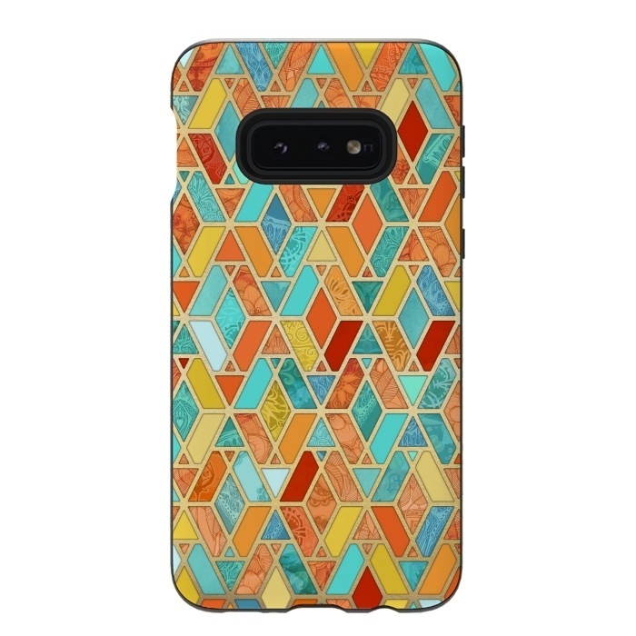 Galaxy S10e StrongFit Tangerine and Turquoise Geometric Fall Pattern by Micklyn Le Feuvre