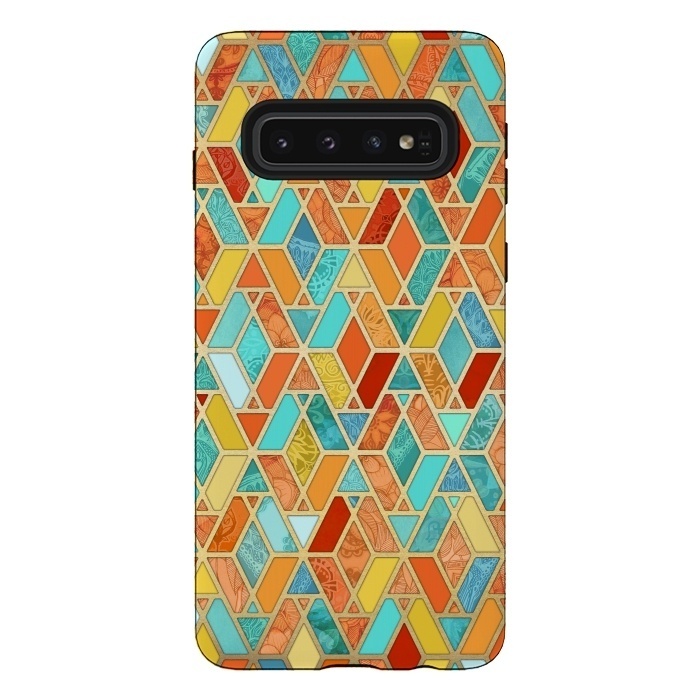 Galaxy S10 StrongFit Tangerine and Turquoise Geometric Fall Pattern by Micklyn Le Feuvre