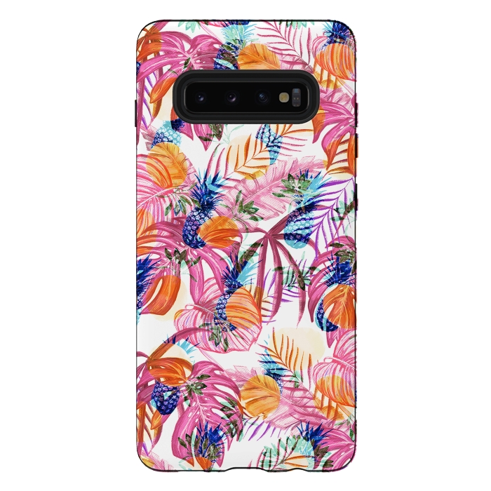 Galaxy S10 plus StrongFit Pink tropical leaves and blue pineapples by Oana 