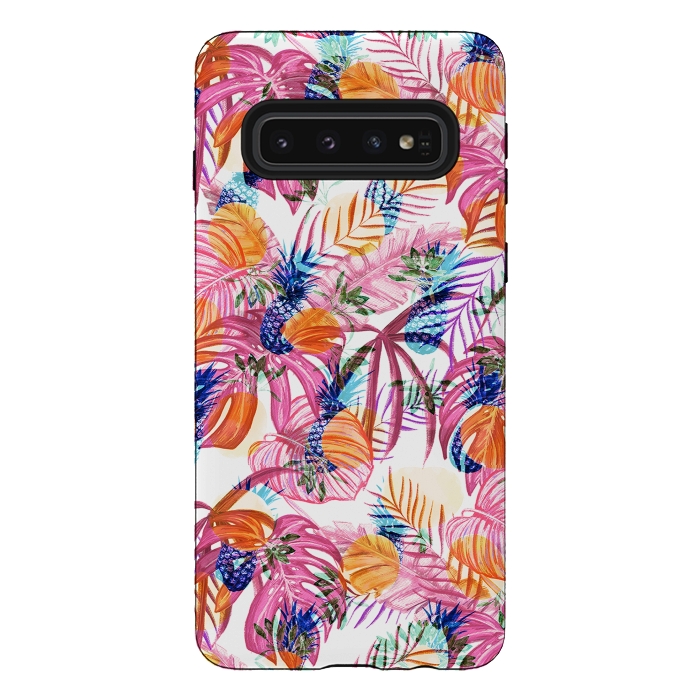 Galaxy S10 StrongFit Pink tropical leaves and blue pineapples by Oana 