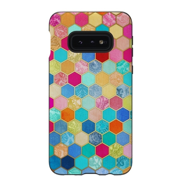 Galaxy S10e StrongFit Patterned Honeycomb Patchwork in Jewel Colors by Micklyn Le Feuvre