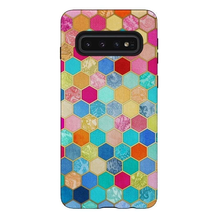 Galaxy S10 StrongFit Patterned Honeycomb Patchwork in Jewel Colors by Micklyn Le Feuvre