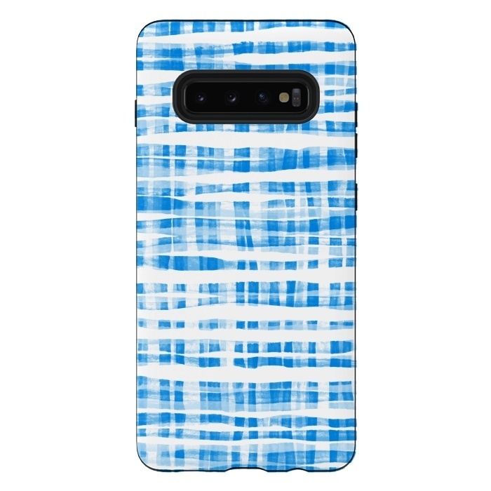 Galaxy S10 plus StrongFit Happy Cobalt Blue Hand Painted Gingham by Micklyn Le Feuvre