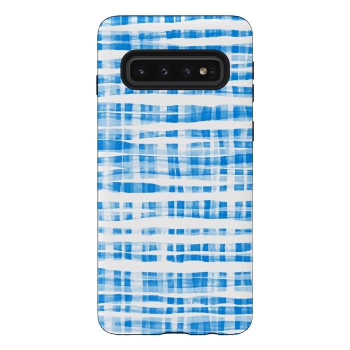 Galaxy S10 StrongFit Happy Cobalt Blue Hand Painted Gingham by Micklyn Le Feuvre