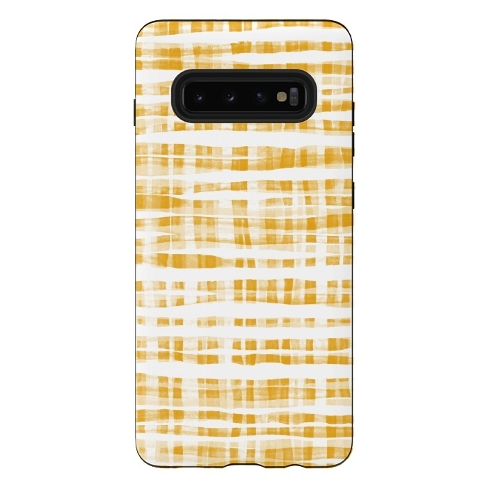 Galaxy S10 plus StrongFit Happy Mustard Yellow Hand Painted Gingham by Micklyn Le Feuvre