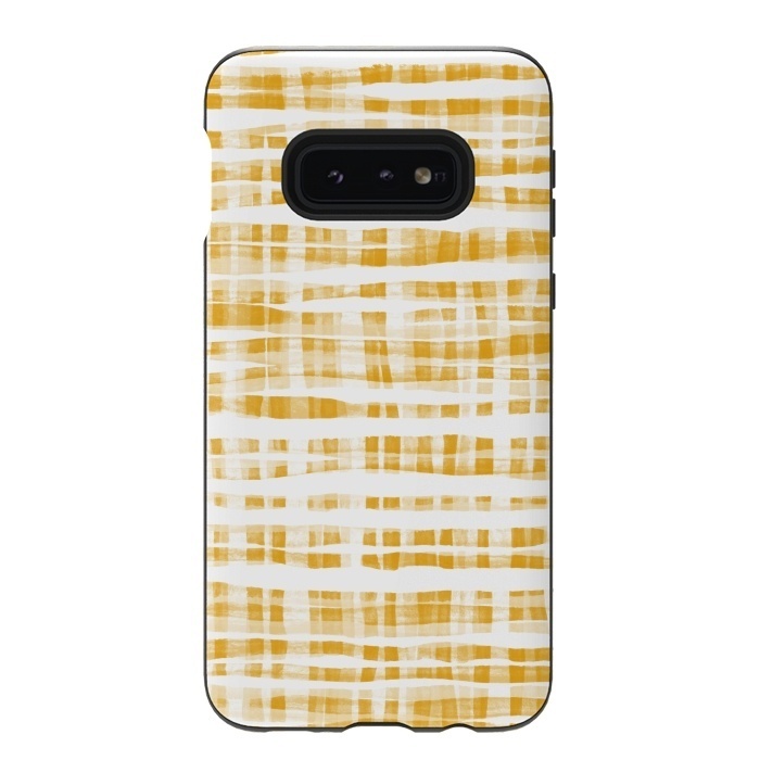 Galaxy S10e StrongFit Happy Mustard Yellow Hand Painted Gingham by Micklyn Le Feuvre