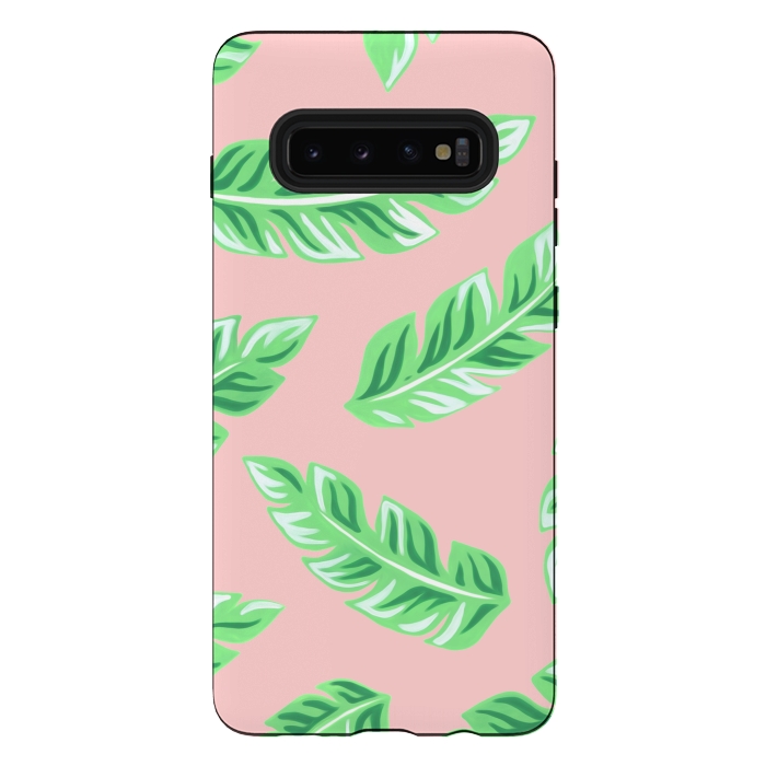 Galaxy S10 plus StrongFit Pink Tropical Palm Leaf Print by Becky Starsmore