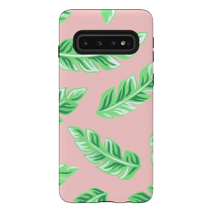 Galaxy S10 StrongFit Pink Tropical Palm Leaf Print by Becky Starsmore