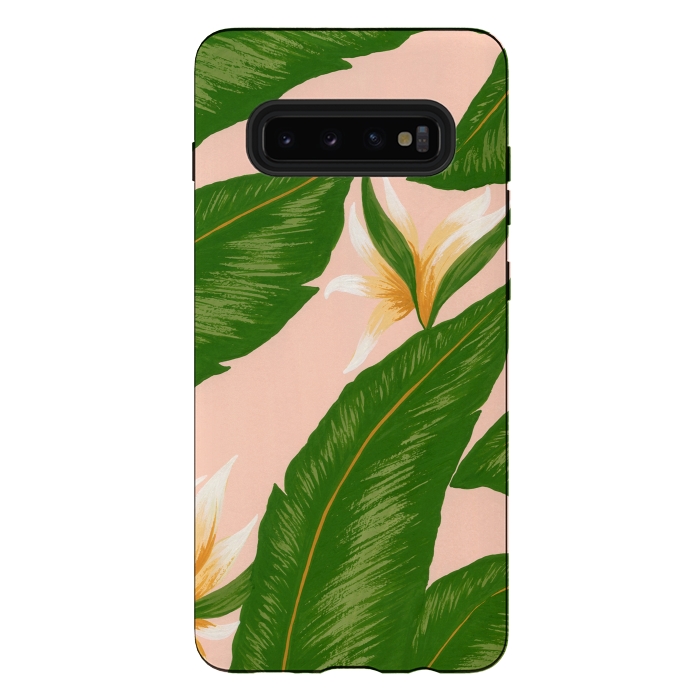 Galaxy S10 plus StrongFit Pink Bird Of Paradise Jungle Floral Print by Becky Starsmore