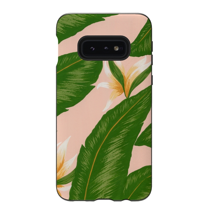 Galaxy S10e StrongFit Pink Bird Of Paradise Jungle Floral Print by Becky Starsmore
