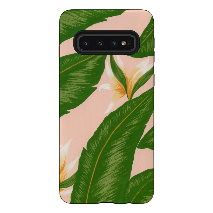 Galaxy S10 StrongFit Pink Bird Of Paradise Jungle Floral Print by Becky Starsmore