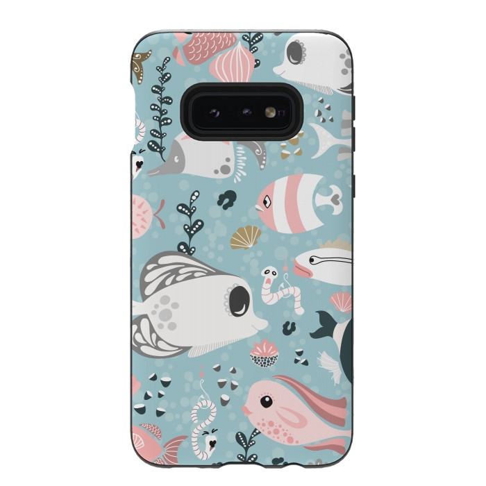 Galaxy S10e StrongFit Funny Fish in Pink and Grey by Paula Ohreen