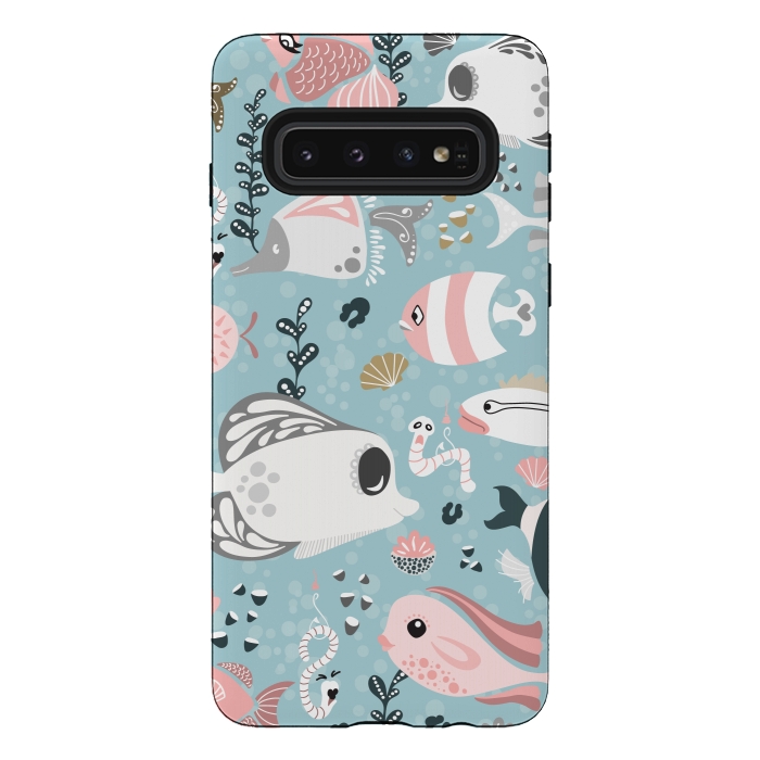 Galaxy S10 StrongFit Funny Fish in Pink and Grey by Paula Ohreen
