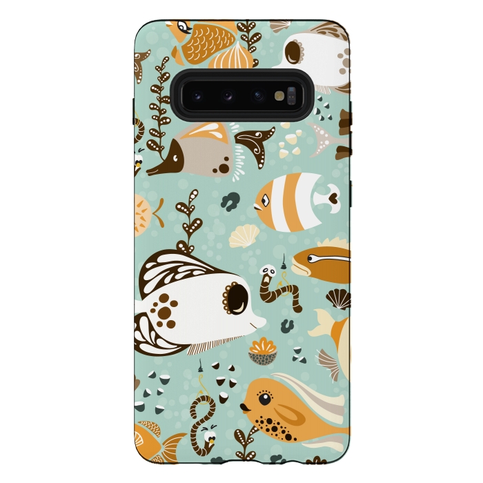 Galaxy S10 plus StrongFit Funny Fish in Orange and Brown by Paula Ohreen