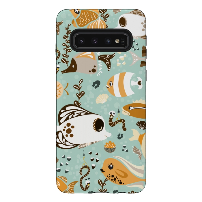 Galaxy S10 StrongFit Funny Fish in Orange and Brown by Paula Ohreen
