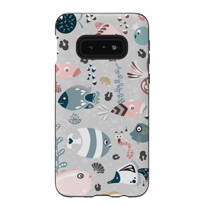 Galaxy S10e StrongFit Funny Fish in Pink and Blue by Paula Ohreen