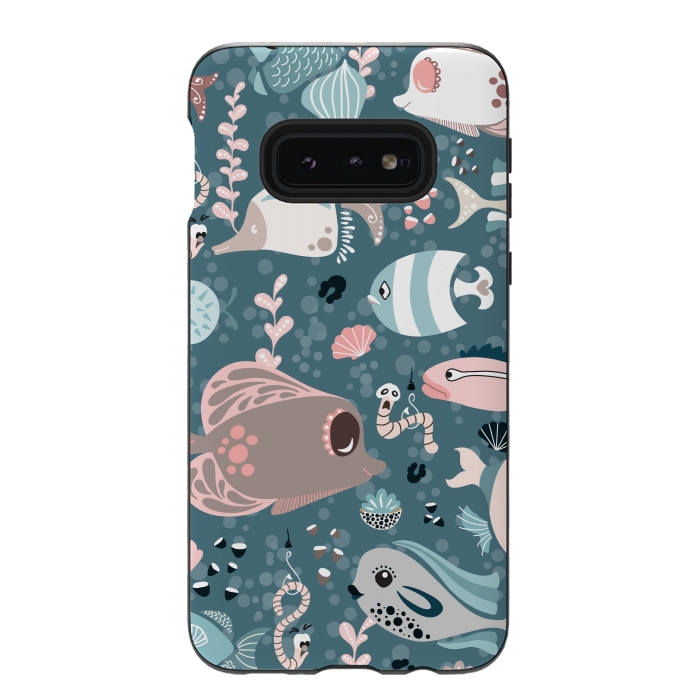 Galaxy S10e StrongFit Funny Fish in Blue and White by Paula Ohreen
