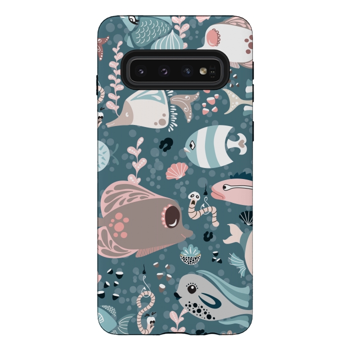 Galaxy S10 StrongFit Funny Fish in Blue and White by Paula Ohreen