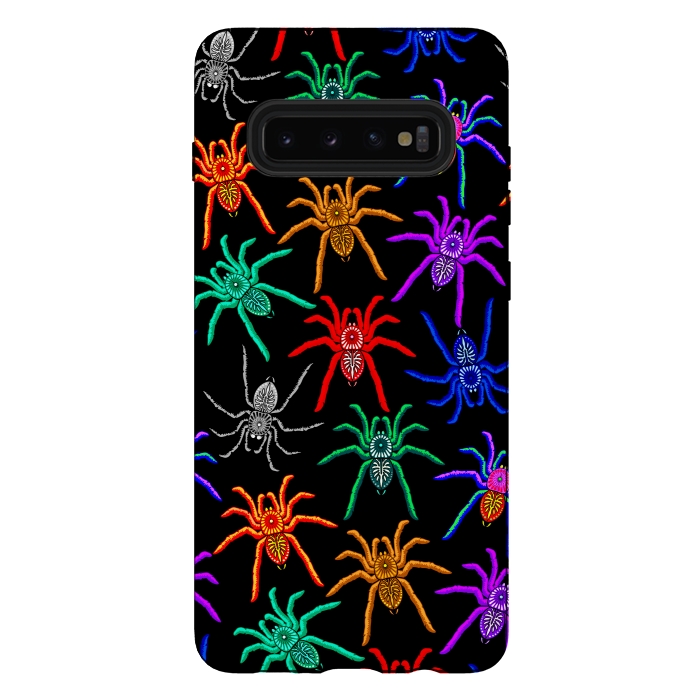 Galaxy S10 plus StrongFit Spiders Pattern Colorful Tarantulas on Black by BluedarkArt