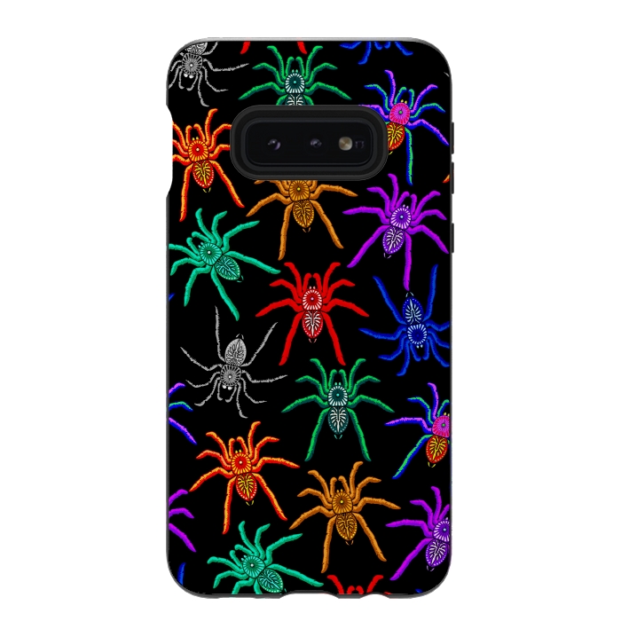 Galaxy S10e StrongFit Spiders Pattern Colorful Tarantulas on Black by BluedarkArt