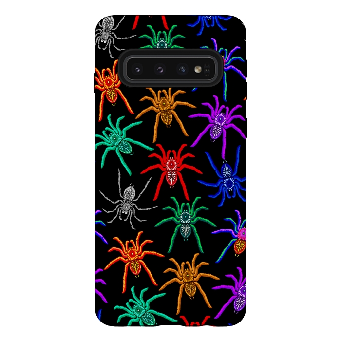 Galaxy S10 StrongFit Spiders Pattern Colorful Tarantulas on Black by BluedarkArt