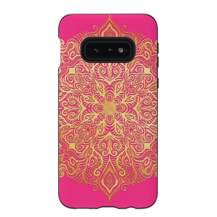 Galaxy S10e StrongFit Ornate Gold Mandala on Hot Pink by Micklyn Le Feuvre