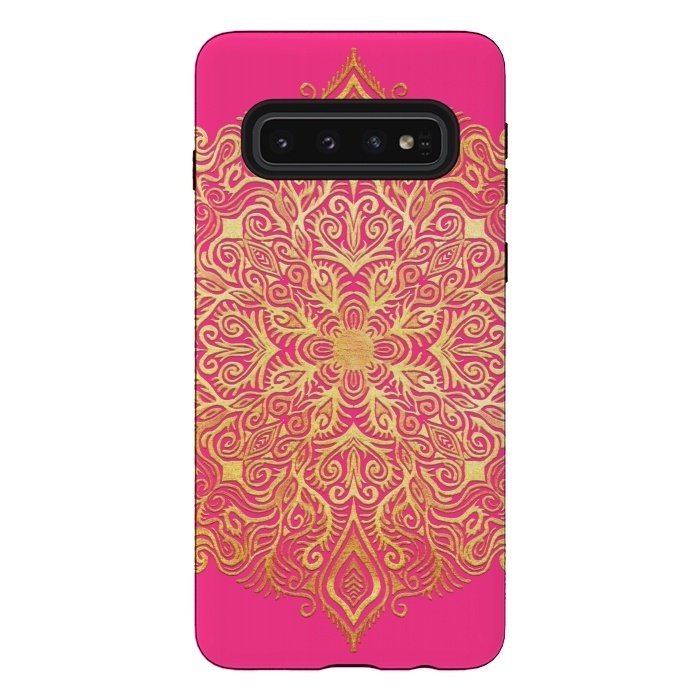 Galaxy S10 StrongFit Ornate Gold Mandala on Hot Pink by Micklyn Le Feuvre