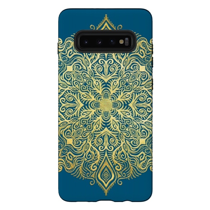 Galaxy S10 plus StrongFit Ornate Gold Mandala on Deep Blue by Micklyn Le Feuvre