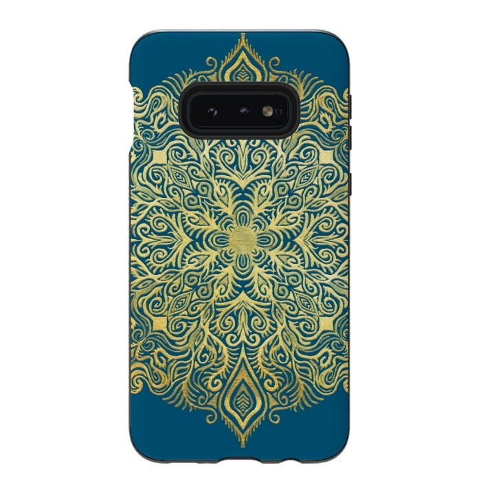 Galaxy S10e StrongFit Ornate Gold Mandala on Deep Blue by Micklyn Le Feuvre