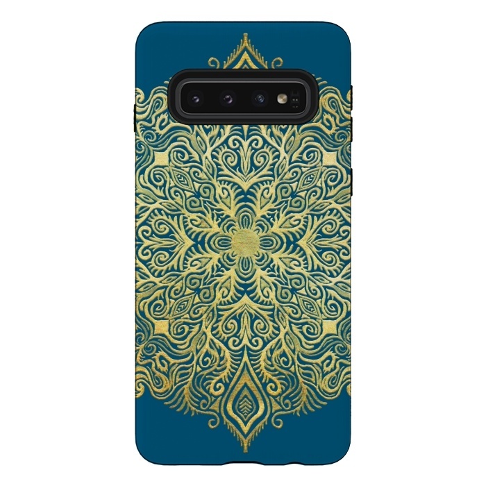 Galaxy S10 StrongFit Ornate Gold Mandala on Deep Blue by Micklyn Le Feuvre